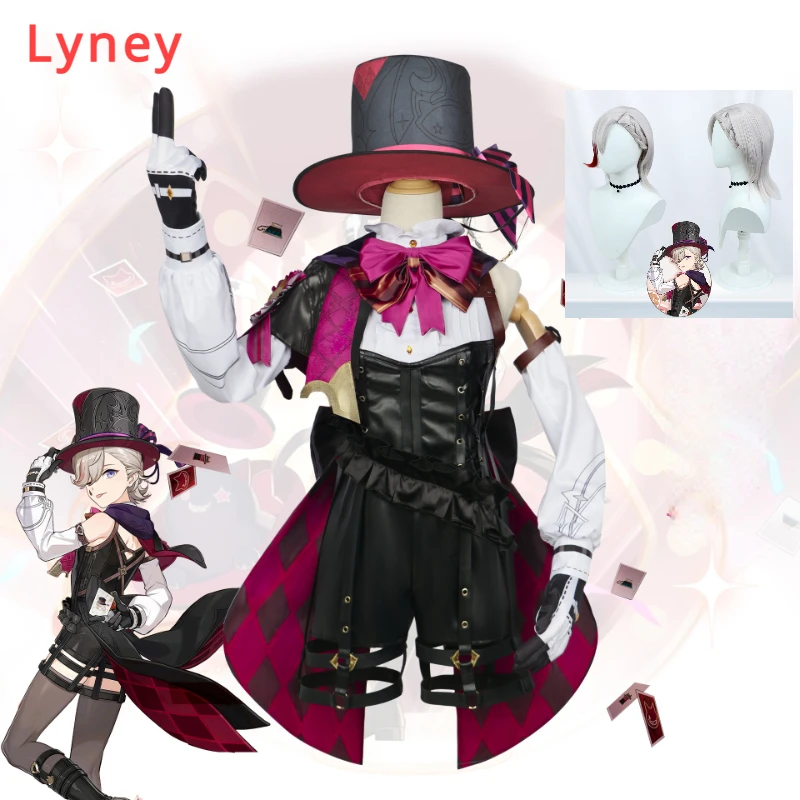 

Костюм для косплея Lyney из аниме Genshin Impact, Фонтейн, парик, шляпа в комплекте, искусственное платье, короткая юбка, перчатки, наряд