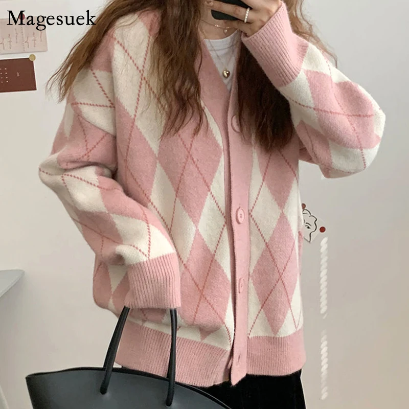 

Cardigan Women Knitted Sweater Loose Fashion Argyle Sweater Autumn Winter V-neck Knitwear Vintage Oversize Cardigans Tops 17068