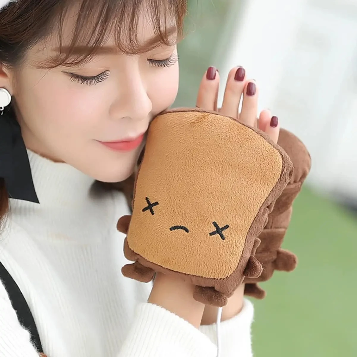 

1 Pair Heating Warm Face Warmers Fingerless Mitten Cartoon Unisex Powered Hands Cute Toast Heated Plush Gloves USB Hand Winter