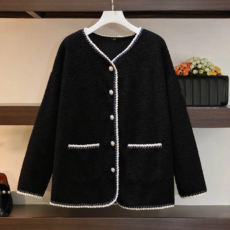 

150Kg Plus Size Women's Bust 156 Autumn Winter Loose V-Neck Imitation Lamb Wool Small Fragrant Jacket Black 6XL 7XL 8XL 9XL 10XL