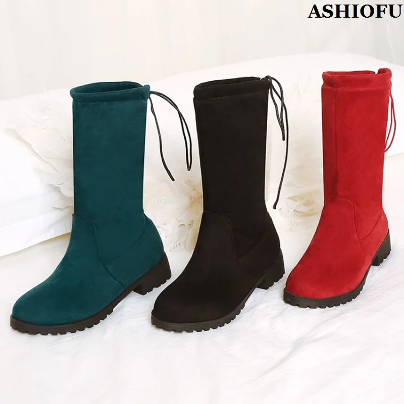 

ASHIOFU Handmade New Hot Sale Women's Thick Heel Ankle Boots Crisscross Shoelace Autumn Snow Booty Evening Fashion Winter Shoes