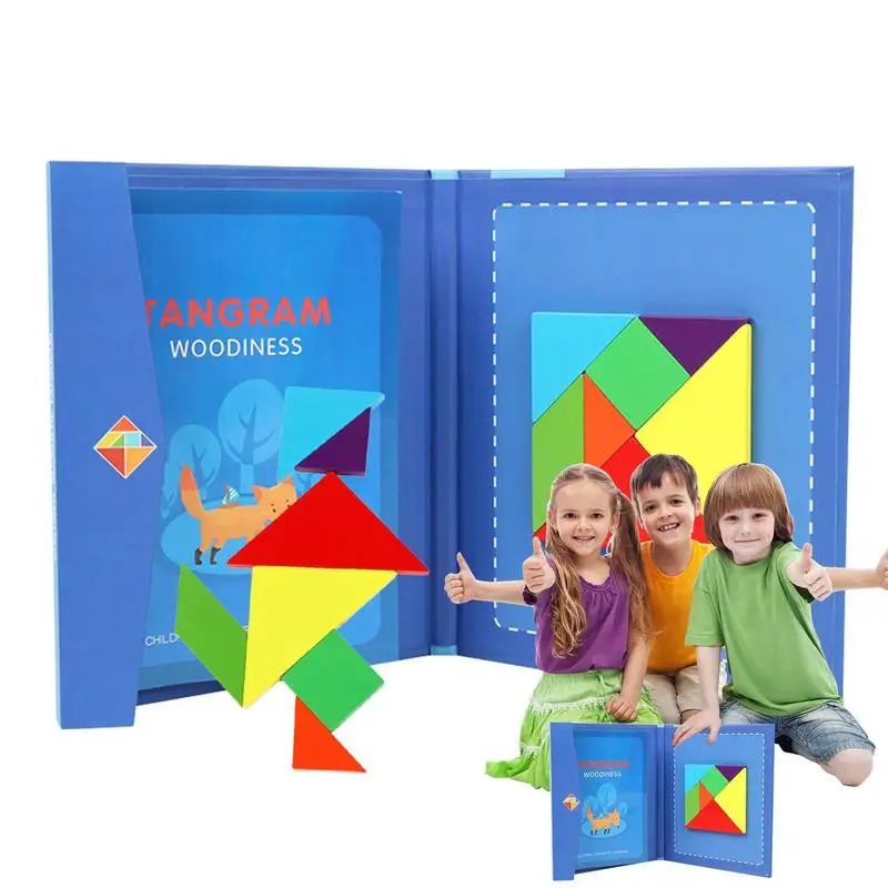 

Деревянная книга-пазл Tangram, магнитные геометрические формы, пазлы Tangram, Обучающие игрушки Монтессори Tangram для малышей, Bo