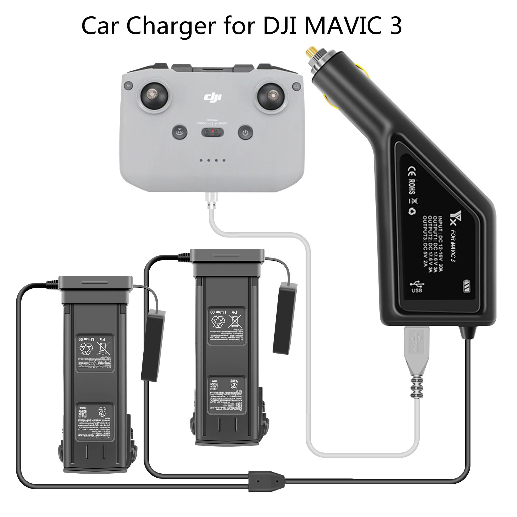 

3 in 1 Car Charger For DJI Mavic 3 Two Batteries & Remote Control Charging Hub for DJI Mavic 3 Drone Accessories