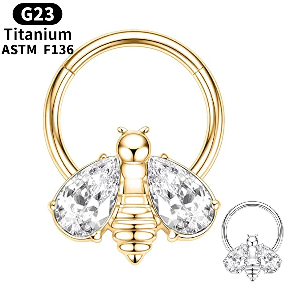 

F136 G23 Titanium Septum Ring Zircon Bee 16G Hinged Segment Piercing Nose Ring Hoop Cartilage Tragus Helix Earring Body Jewelry