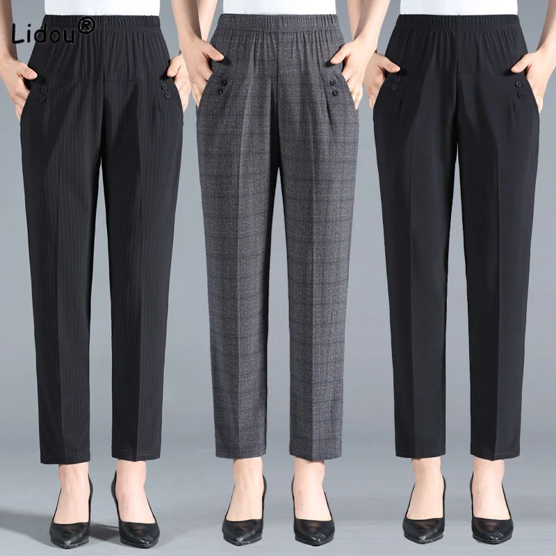 

Summer Office Lady Fashion Casual Pockets Plaid Cropped Pants Women's Clothing Simplicity Elastic High Waist Straight Trousers