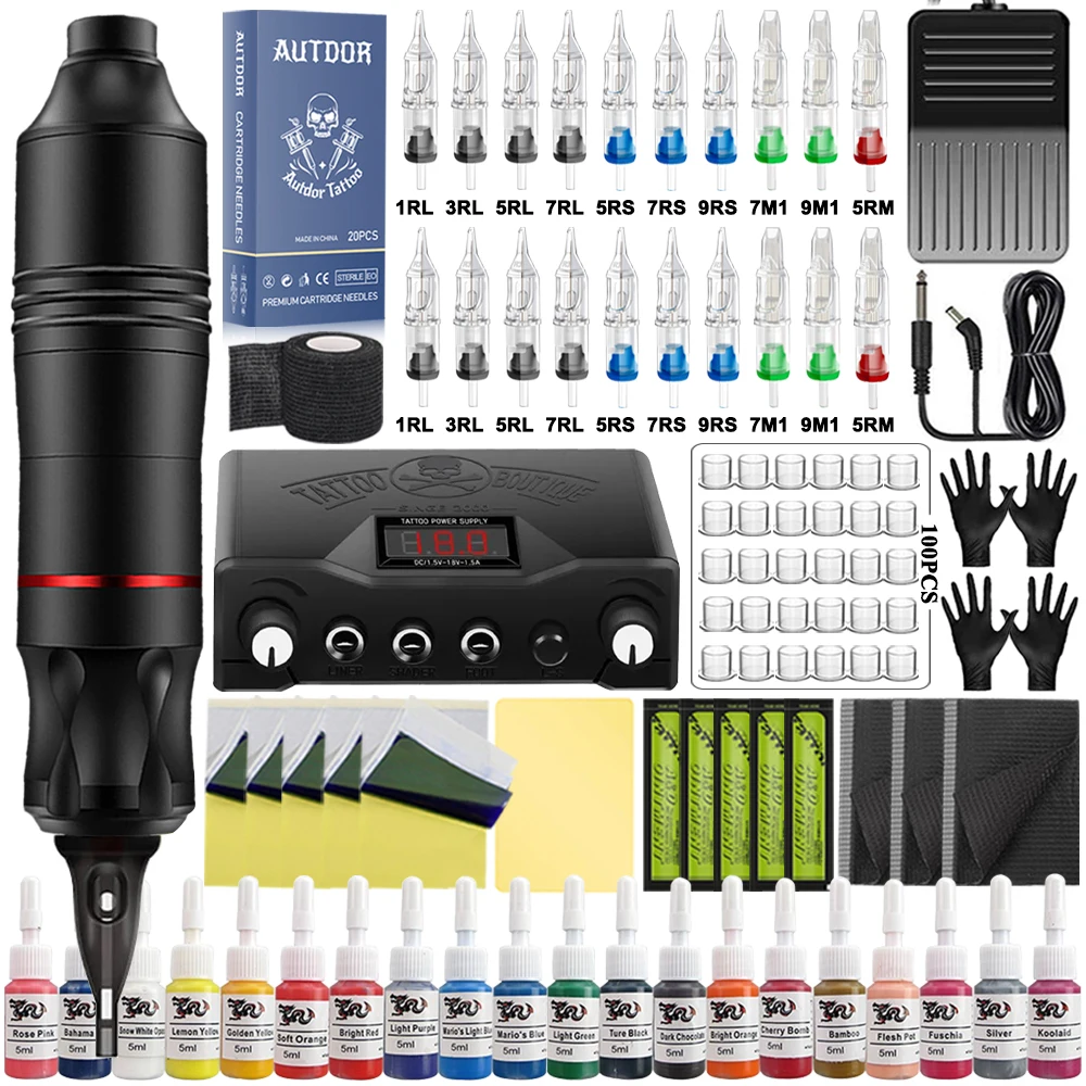 

Professional Tattoo Machine Kit Rotary Pen Set with Tattoo Power Supply Cartridge Needles Ink Tattoo kit for Beginners Supply