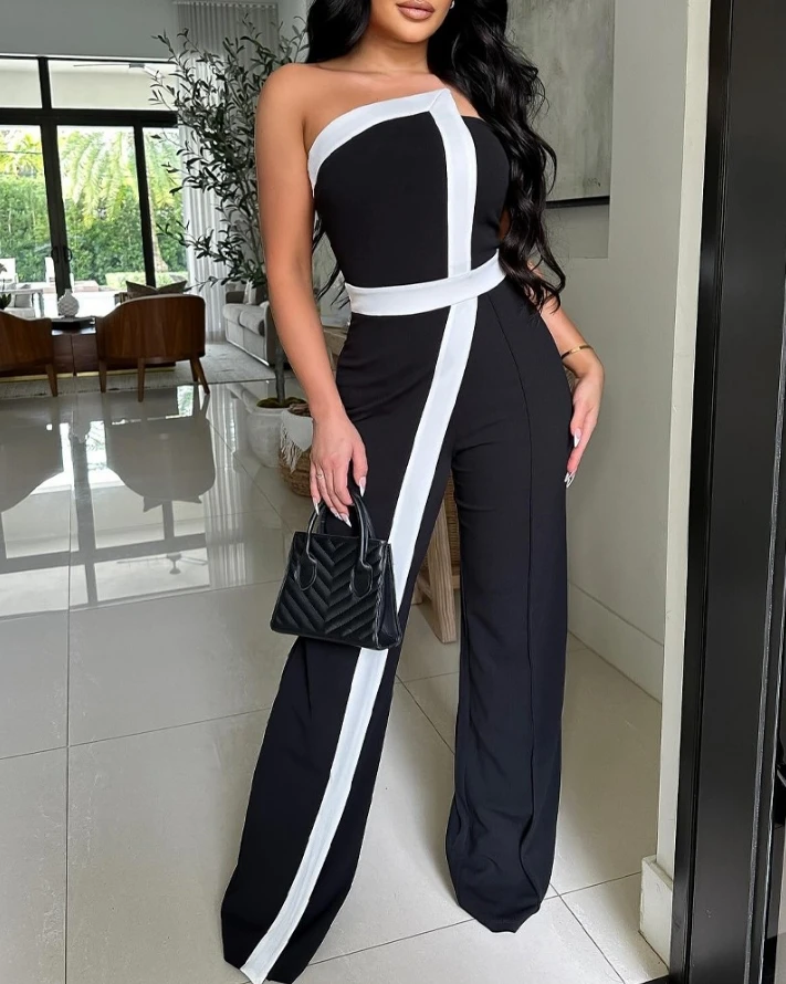 

2024 Summer Fashion Women's Jumpsuit Elegant Commuting Contrast Paneled Bandeau Sleeveless High Waist Straight Leg Jumpsuit