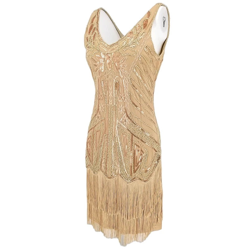 

Women's Flapper Dress Filigree Embroidery 1920s V Neck Sleeveless Beaded Tiered Fringe Sequin Great Gatsby Dress Party Costume