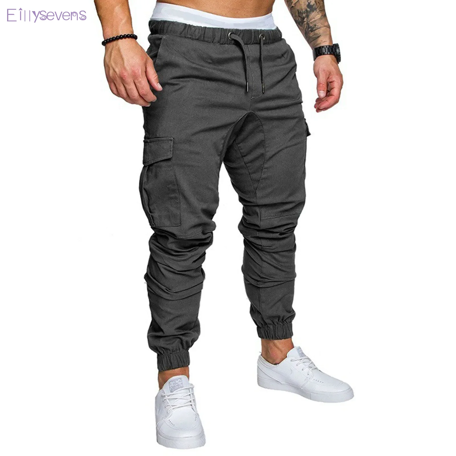 

Men's Binding leg sweatpants Multiple Cargo Pants Pocket Sports Jogging Trousers Hiking Spliced elastic band Outdoor pantalones