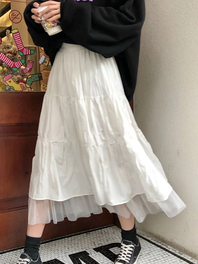 

Летняя лоскутная сетчатая длинная юбка А-силуэта, женская Свободная белая черная Повседневная винтажная эластичная элегантная юбка с высокой талией для девушек