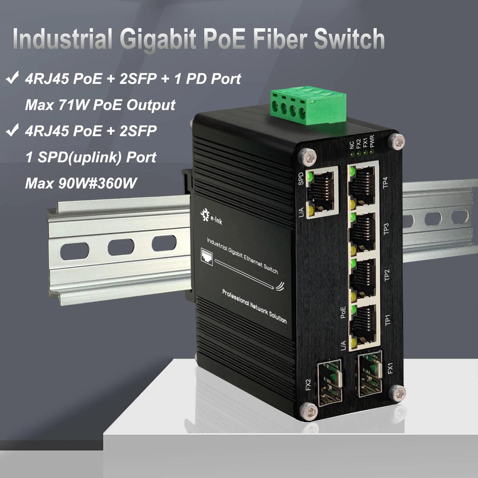 

Industrial Gigabit PoE Fiber Switch IEEE802.3bt 90W 5-Port 10/100/1000Mbps RJ45 and 2Port 100/1000X SFP DC48-57V Unmanaged PoE++