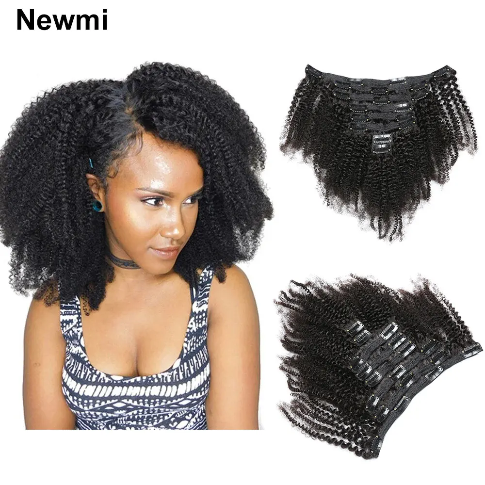 

Afro Kinky Curly Clip in Hair Extension Human Hair Newmi Natural 8pcs 120g/set 3c 4A Curly Clip ins Full Head for Black Women