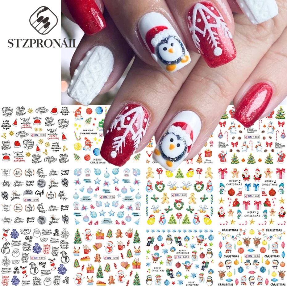 

12pc Christmas Nail Sticker Cute Penguin Santa Elk Snowflake Tree Snowman Winter Xmas Design Water Transfer Slider SLBN1393-1404