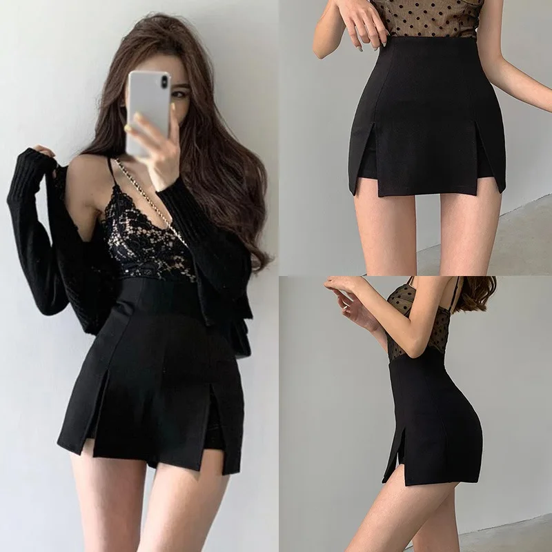 

Girls Super High Waist Korean Style Solid Colour Skirt Skinny Double Slit Irregular Design Sense Thin Light Skirts