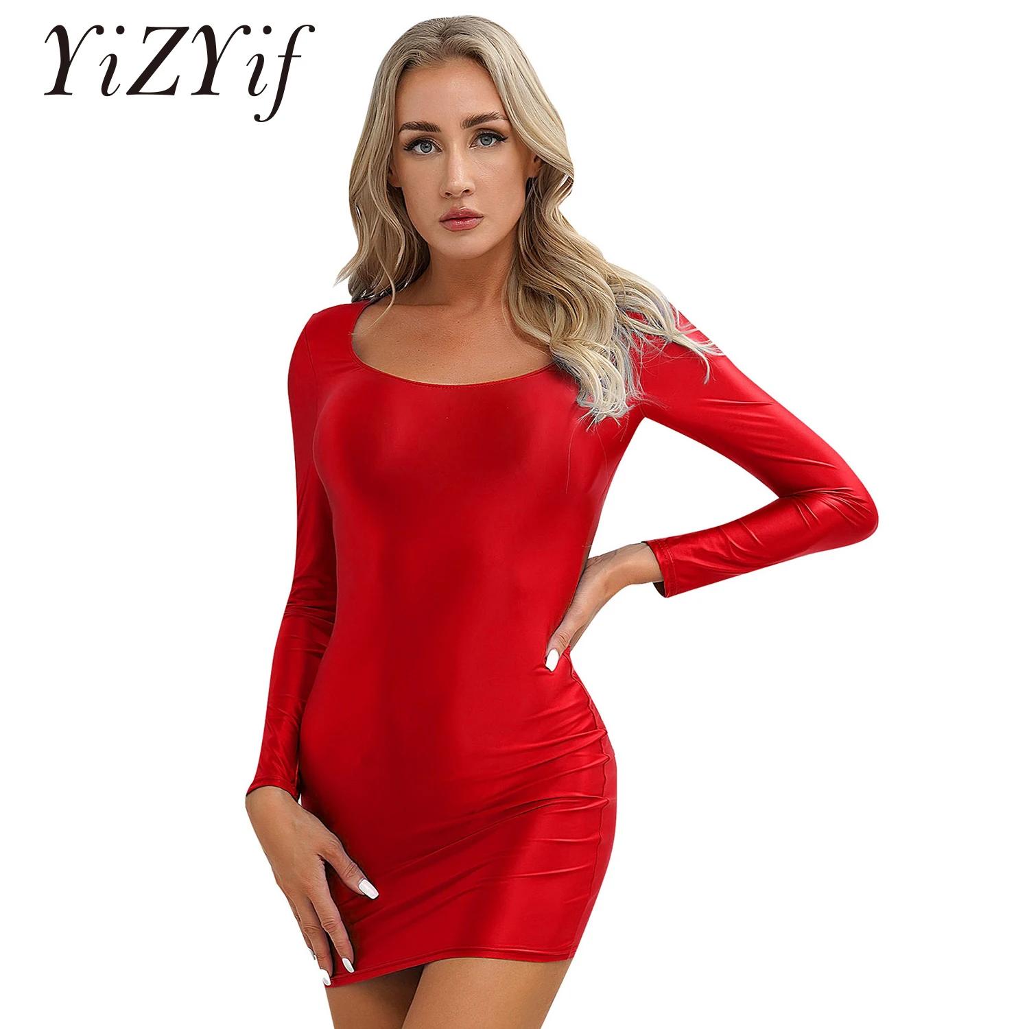 

Womens Glossy Bodycon Dress Long Sleeve Mini Pencil Dress Nightwear Smooth Stretchy Tight Dresses Party Clubwear Costume