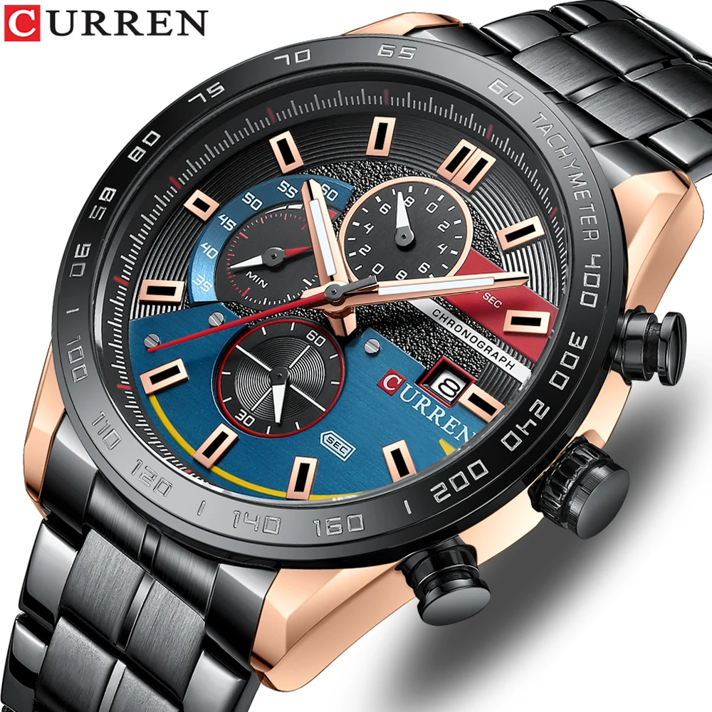 

CURREN Man Watches Luxury Sporty Chronograph Wristwatches for Men Quartz Stainless Steel Band Clock Luminous Hands