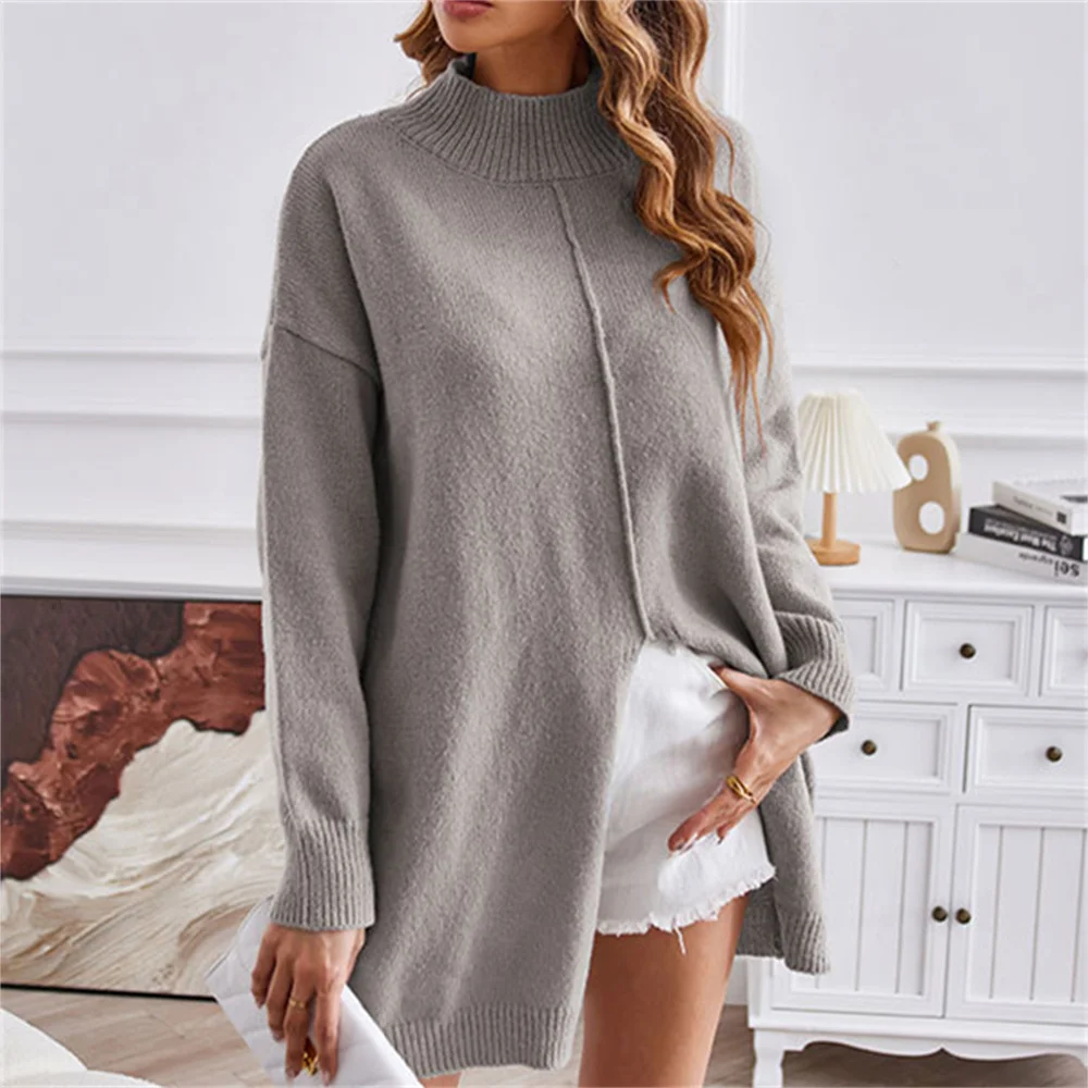 

Fashion Loose Knitted Sweater High Slit Mock Neck Pullover Long Sleeve Top Trend Women Knitwear Casual Jerseys Jumper Outerwears