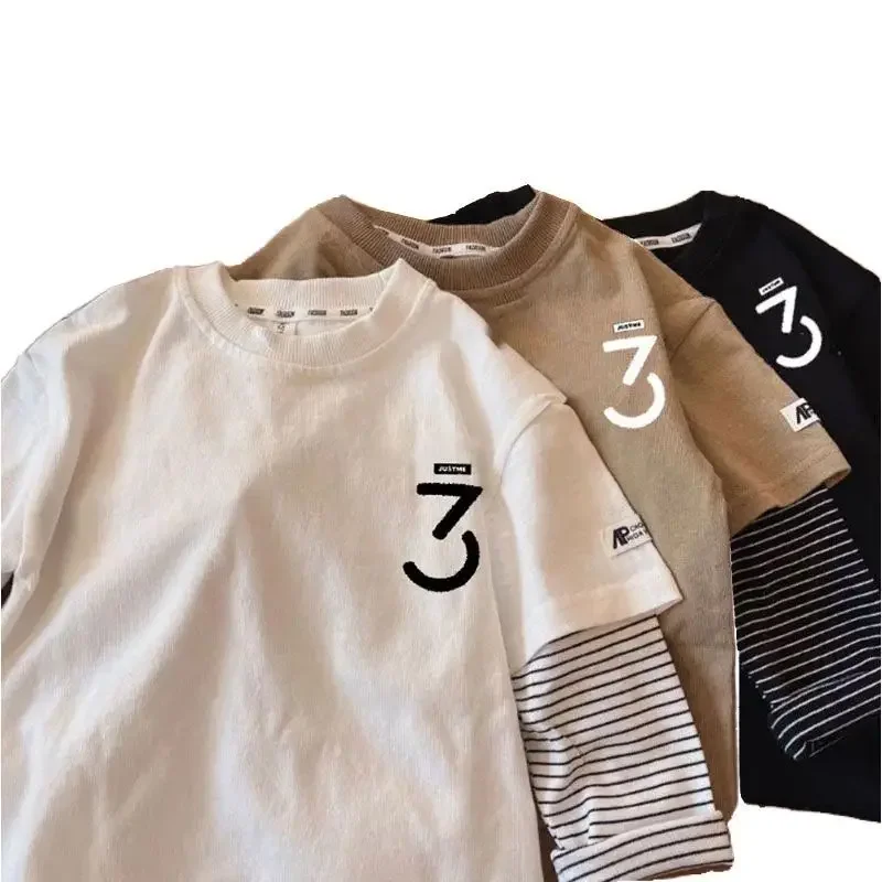 

2024 New Kids Clothes Boys T-shirt Long Sleeve Crew Neck Spring Autumn Fake Two Pieces Casual Spliced Striped All-match Tops