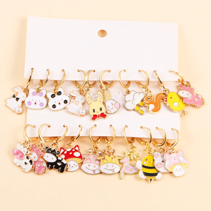

Mixed Styles Cute Enamel Cow Rabbit Bee Mushroom Pendants Earrings Kawaii Animal Dangle Hoop Earrings For Girl Kids Jewelry Gift