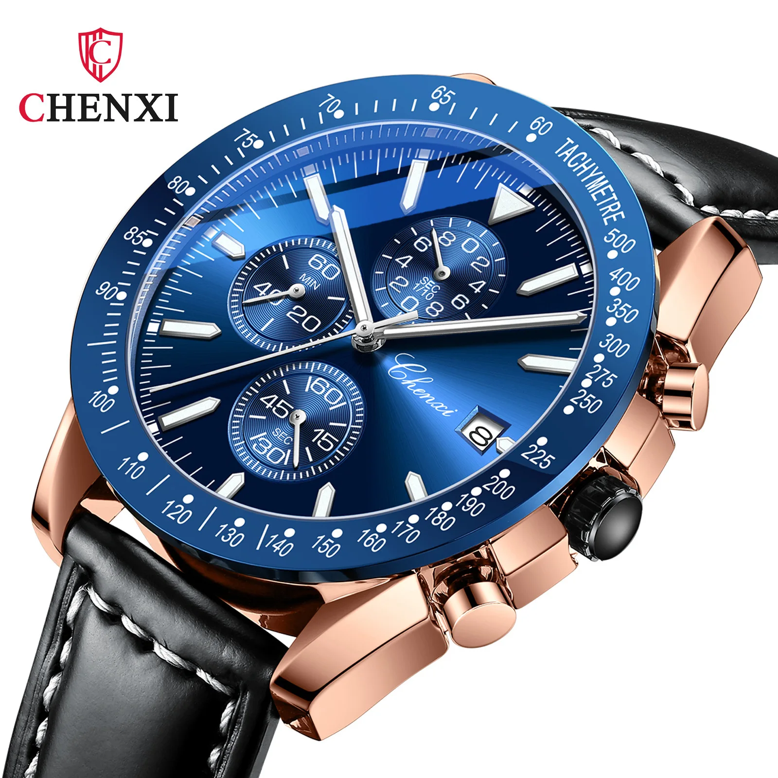 

CHENXI 960 Men's Quartz Watch Luxury Black Leather Strap Big Dial Chronograph Clock Casual Business Wrist Watches for Male Gift