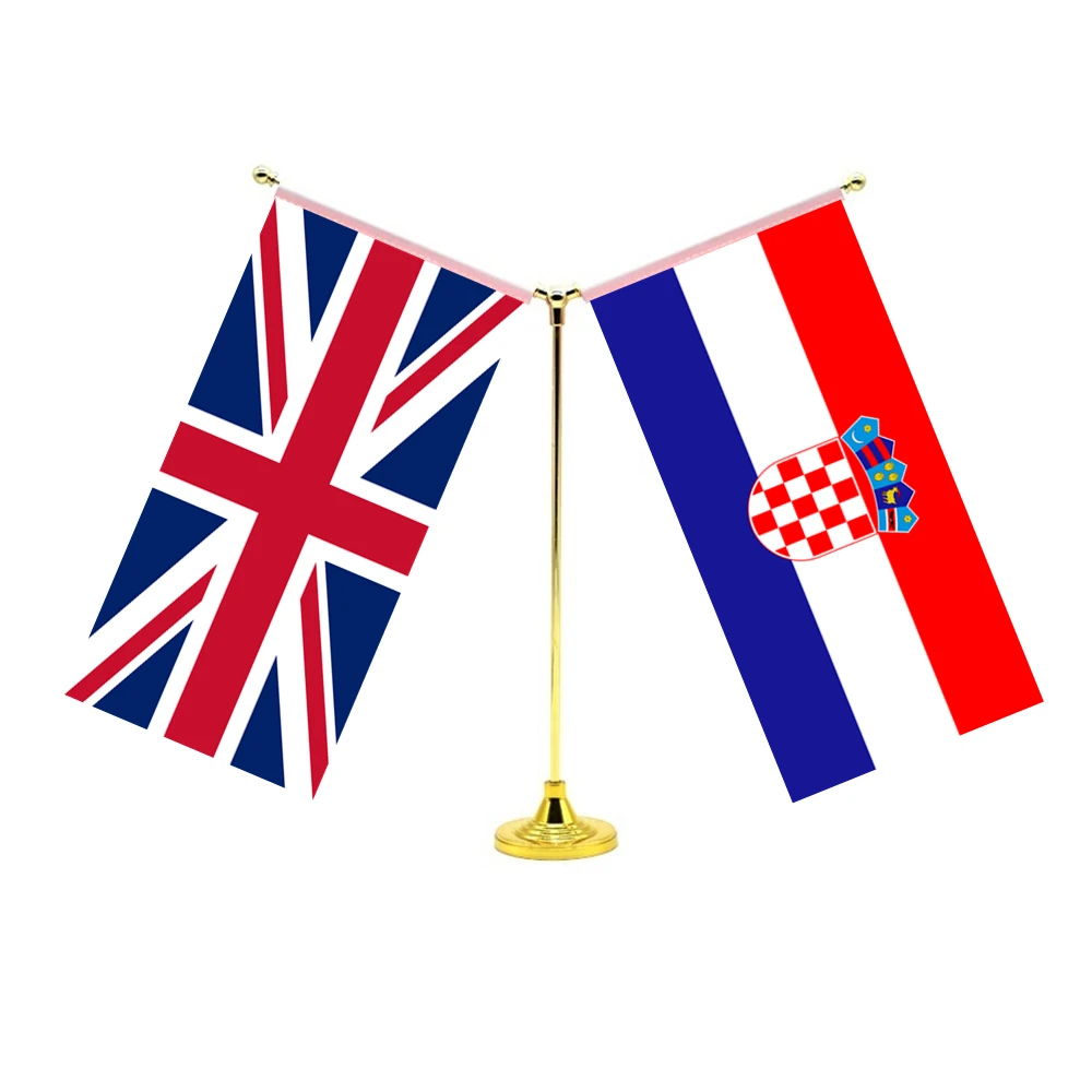 

14x28cm Mini Croatian Flag Desktop Standing Friendship Set With Two Flags Of Britain UK United Kingdom And Croatia