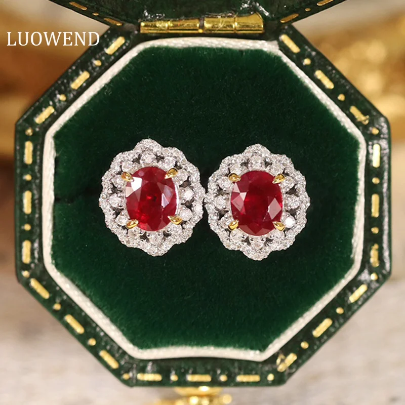 

LUOWEND 18K White and Yellow Gold Earrings Natural Ruby Romantic Flower Shape Elegant Jewelry for Women Wedding Diamond Fine