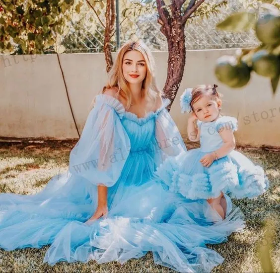 

Mommy and Me Matching Dresses for Photo shoot Soft Tulle Sky Blue Unique Off Shoulder Long Sleeve Mother and Daughter Dress