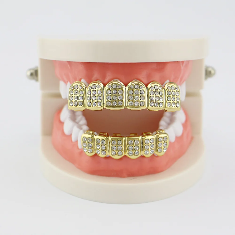 

18K Gold-Plated Colored Diamond Hip-Hop Braces Grills for Men and Women with Diamond inlaid Six Tooth Vampire fangs Accessories