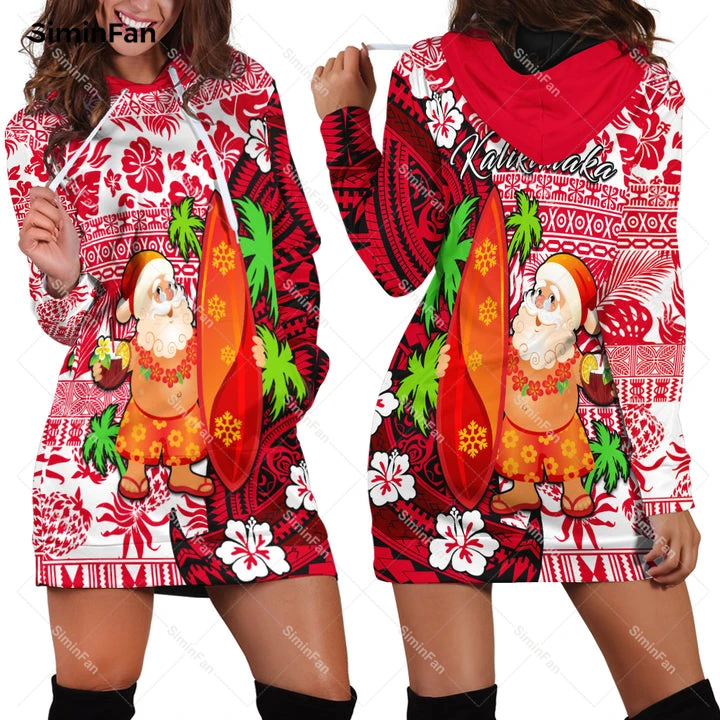 

Mele Kalikimaka Christmas Hawaii Santa Claus 3D Printed Women Hoodie Dress Female Pocket Hooded Dresses One-Piece Streetwear