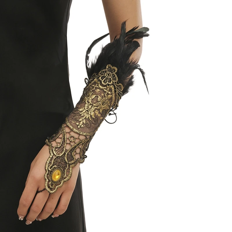

Готические кружевные перчатки без пальцев с перьями, кружевные перчатки без пальцев, браслет в стиле стимпанк, кольцо золотого
