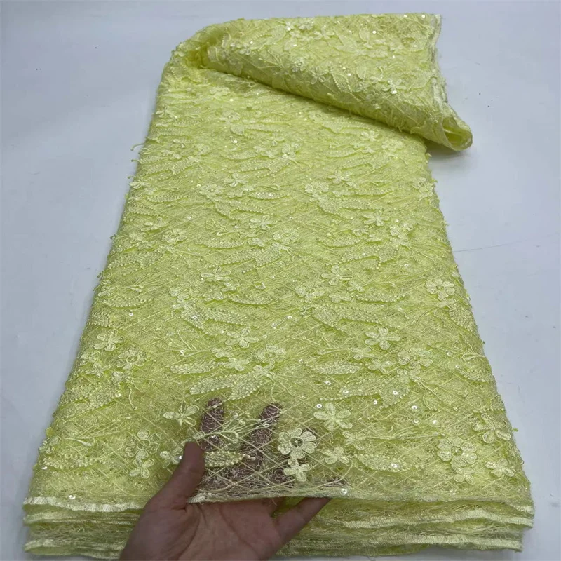 

Высококачественная африканская кружевная ткань 3D, 2024 желтая французская сетчатая ткань с блестками, швейная вышитая тюль, нигерийская Кружевная Ткань 5 ярдов