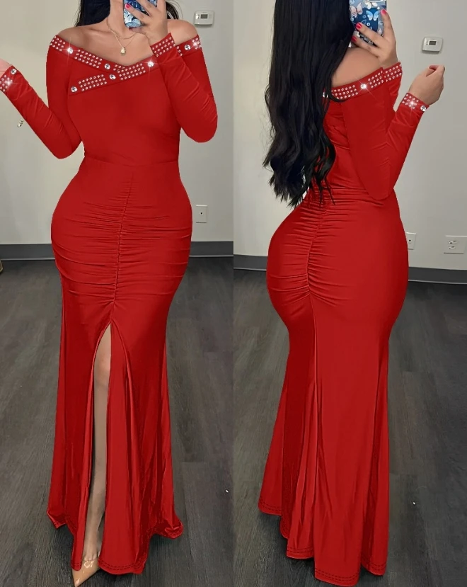 

2023 New Autumn Temperament Commuter Fashion Elegant Rhinestone Off Shoulder Long Sleeve Slit Ruched Party Sexy Dress for Women