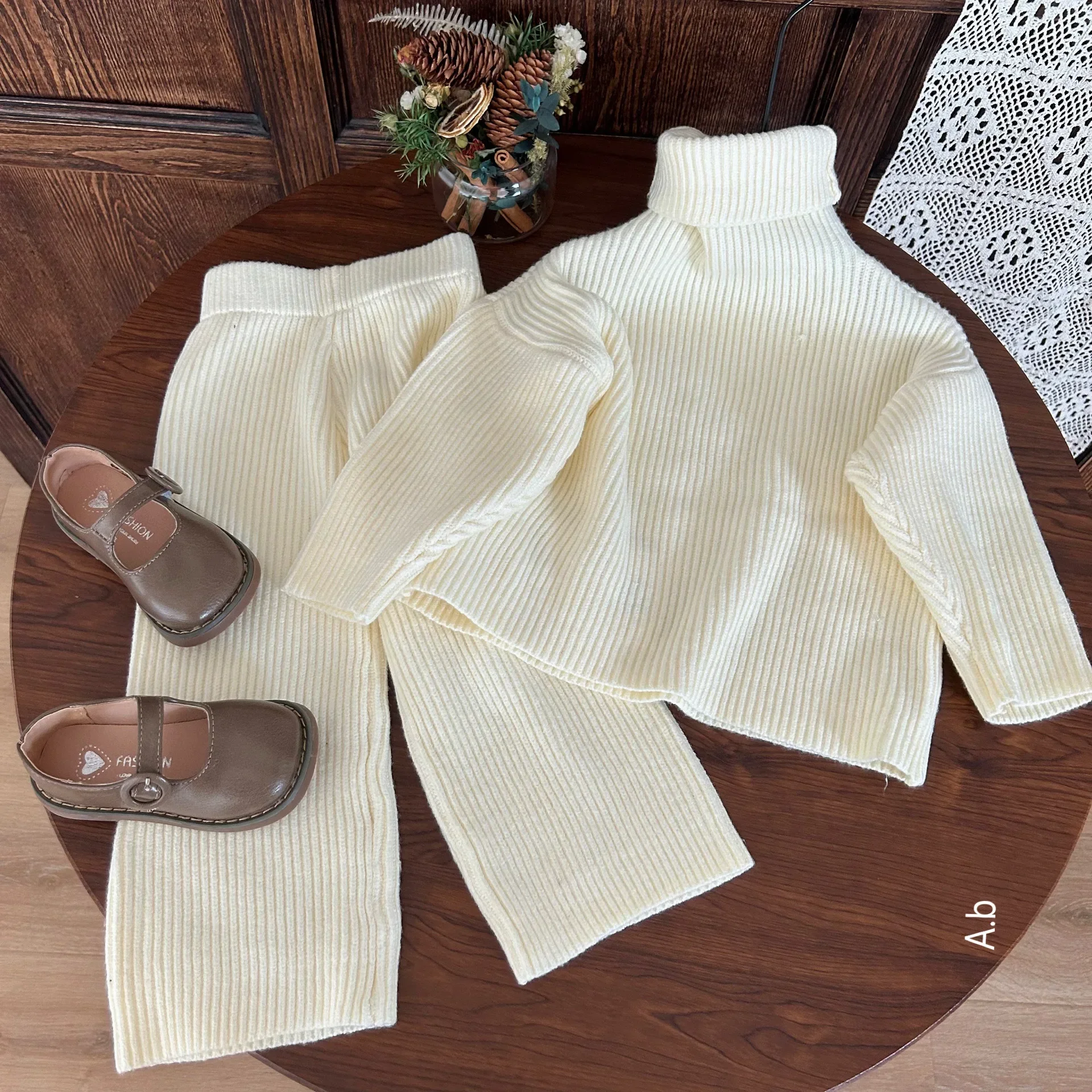 

Girl Clothes Suit Korean Style 2023 New Autumn Girls Solid Color Sweater Set Turtleneck Pullover Sweater Wool Pant Two-piece Set