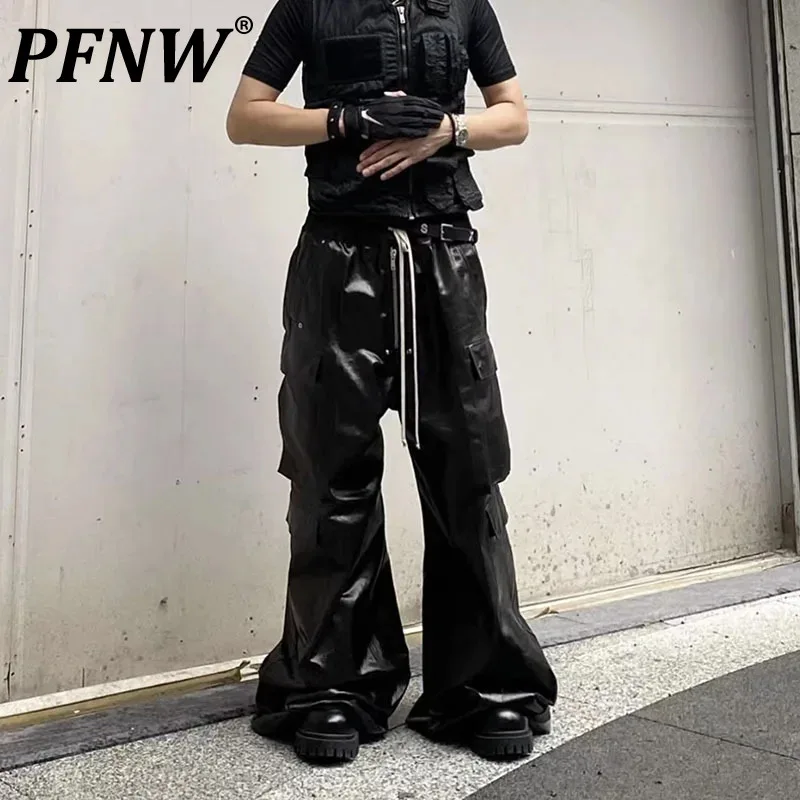

PFNW Men's And Women's Tide RO Style Glossy Coated Workwear Cargo Pants Wide Legged Black Casual Overalls Punk Darkwear 12Z6591