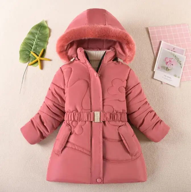 

5-12Y Thick Keep Warm Winter Girls Jacket Detachable Hat Plush Collar Hooded Padded Lining Coat Kids Children Birthday Present