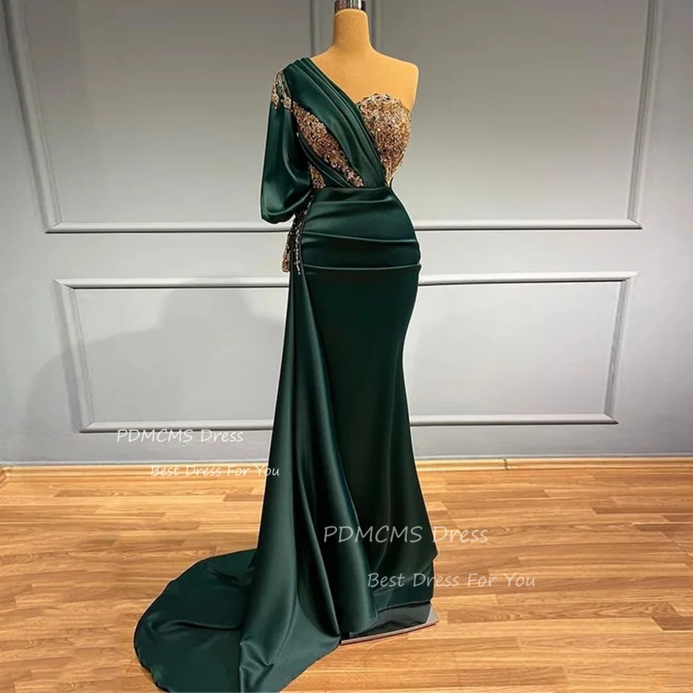

Luxury Sequined Emerald Green Mermaid Arabic Evening Dresses for Women Wedding Prom Dress Solid Satin Dubai Formal Party Gowns