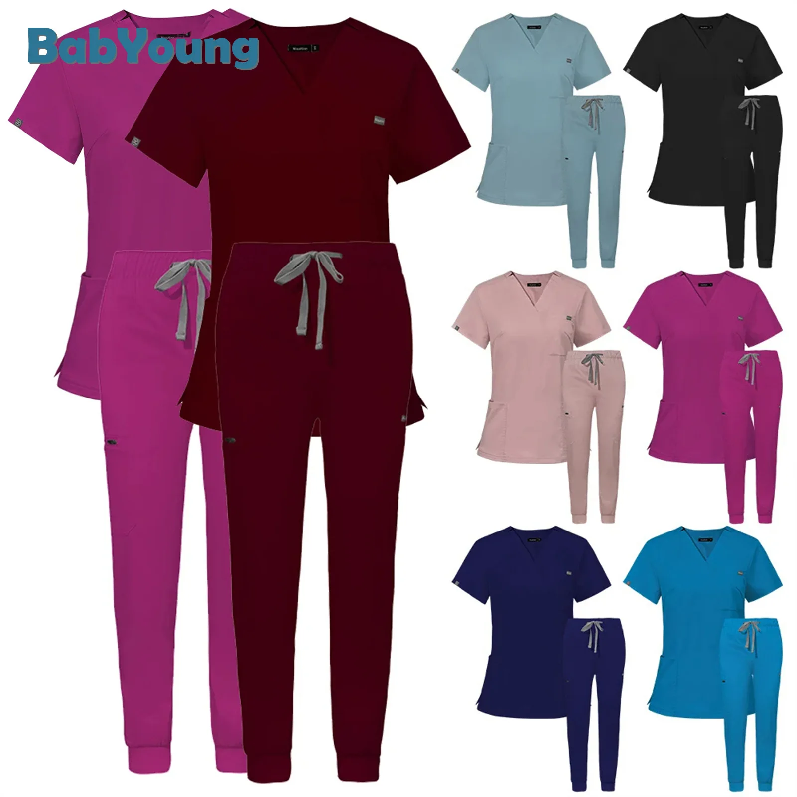 

Short Sleeve Scrubs Surgical Nursing Nurse Women V-neck Pocket Workwear Dentist Medical Uniforms Men Clinic Scrub Suit