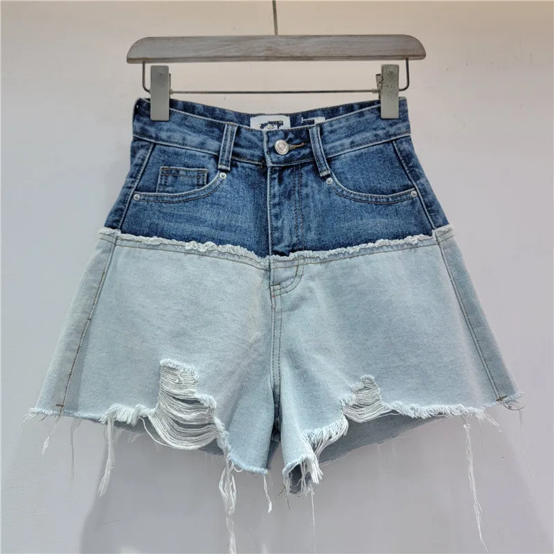 

SuperAen Korean Hole Contrast Denim Pants Spring Summer 2024 New High Waist Pants Wide Leg A-line Short