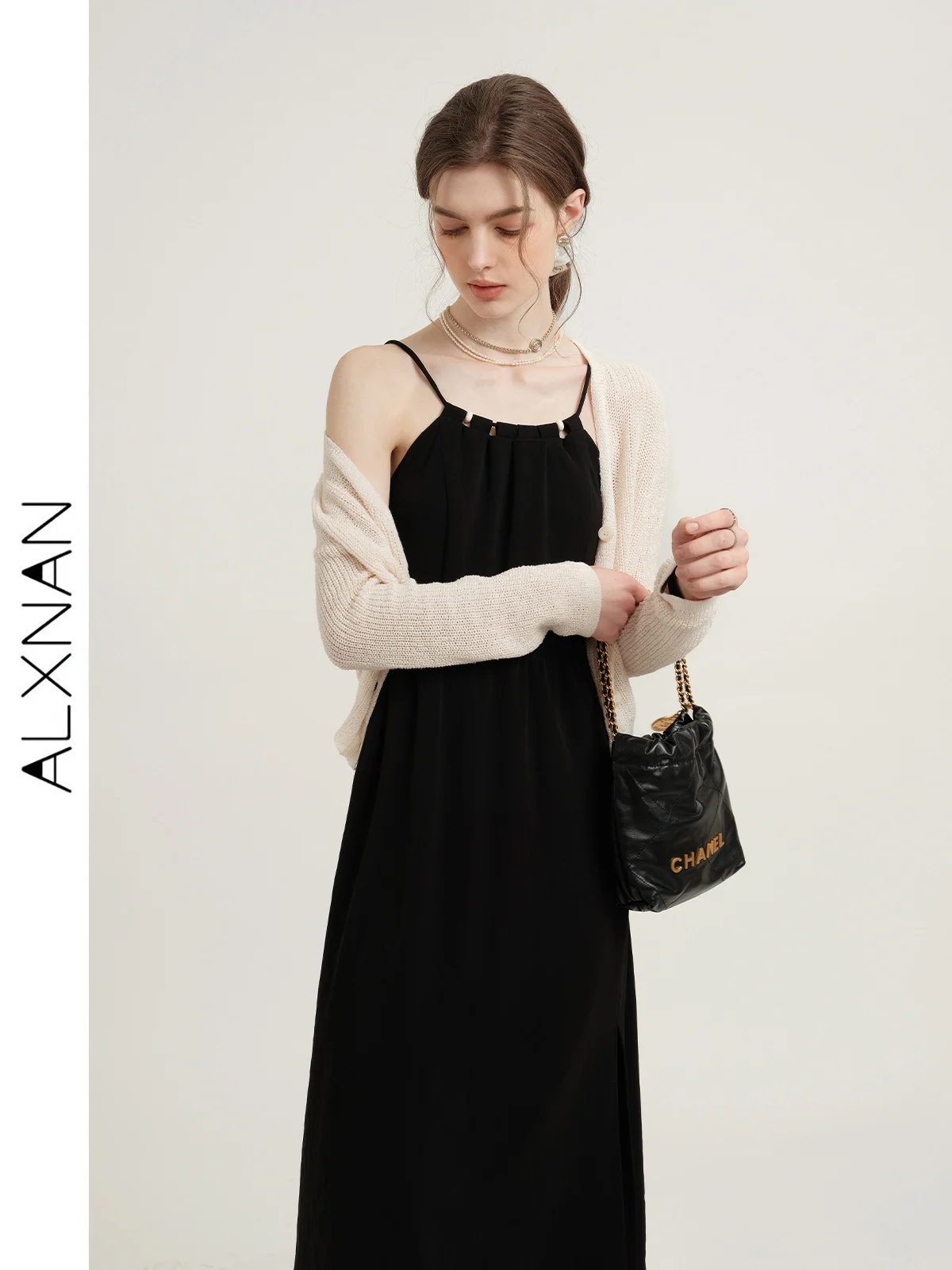 

ALXNAN Temperament Suspender Dress Two-piece Suit For Women 2024 Spring Single-breasted Knitted Cardigan Sold Separate T01207