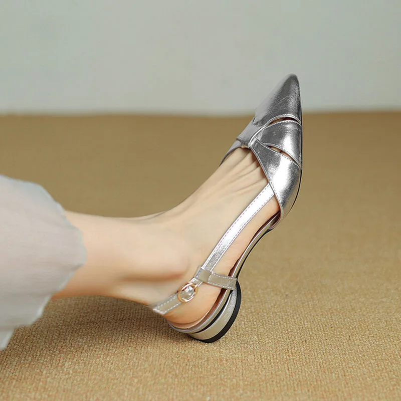 Женские летние туфли Phoentin с острым носком на низком каблуке, неглубокая Серебристая фотография, модель 2024 _ FT3351