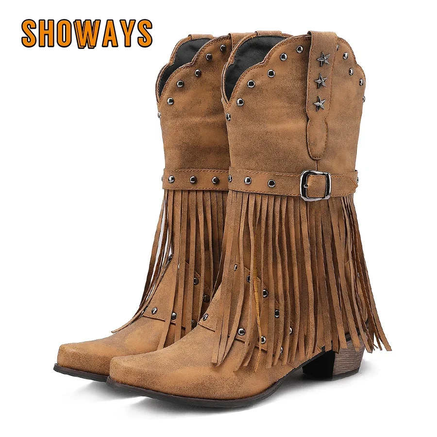 

Fringe Western Cowboy Mid-calf Boots for Women Black Brown Winter Autumn Star Rivet Buckle Round Toe High Heel Half Cowgirl Boot