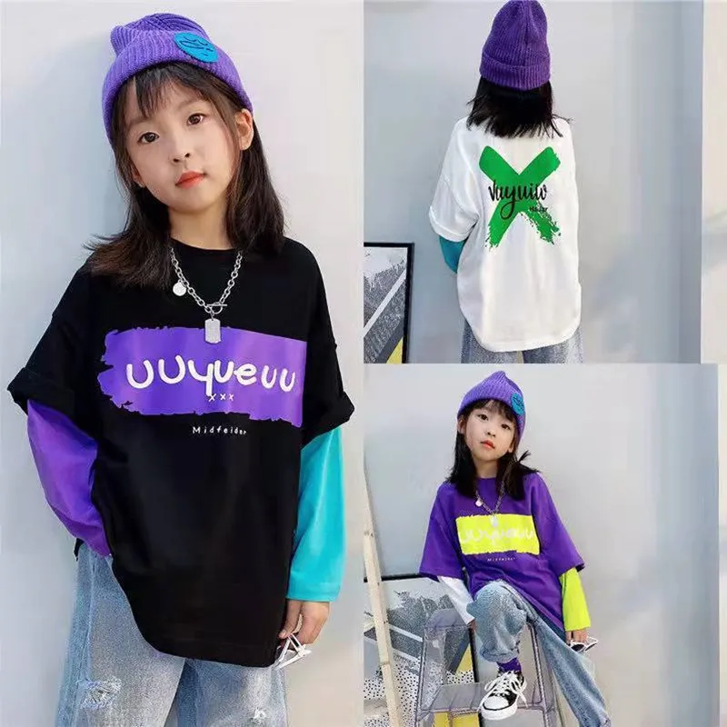 

Детская одежда, топ в стиле пэчворк из двух предметов с имитацией двух предметов для девочек-подростков, пуловер свободного кроя контрастных цветов в Корейском стиле для возраста 4-12 лет, весна 2023