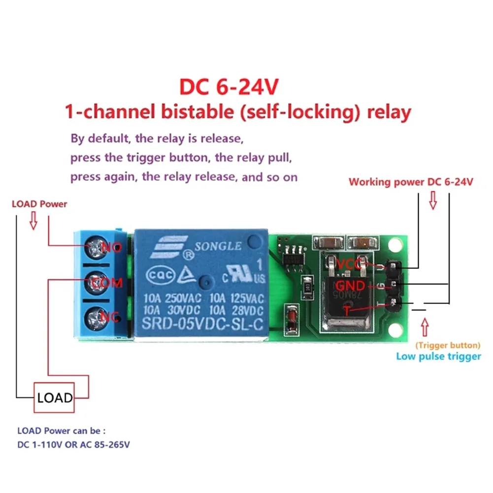 6-24V Relay Module Flip-Flop Latch Relay Bistable Self-Locking Low Pulse Trigger Module For Automation Equipment Control
6-24V Relay Module Flip-Flop Latch Relay Bistable Self-Locking Low Pulse Trigger Module For Automation Equipment Control