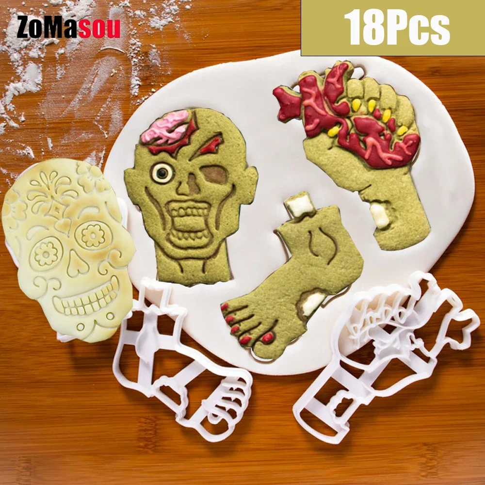 

3/18Pcs Halloween Skull Brain Organ Zombie Head Cookie Cutters Mold 3D Cartoon Pressable Biscuit Chocolate Mold Cake Decory Tool