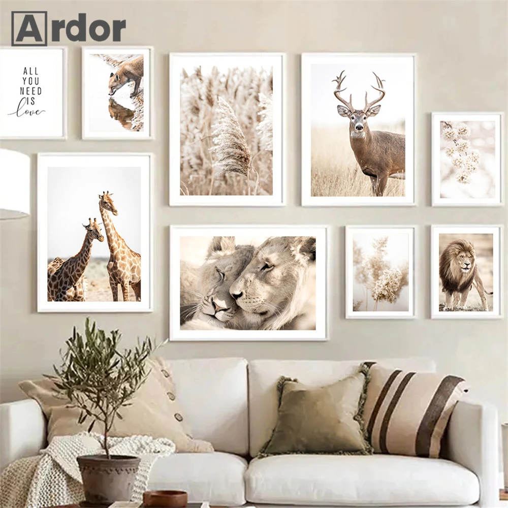 

Beige Reed Print Pictures Lion Giraffe Fox Deer Canvas Painting Wild Animal Poster Nordic Wall Art Prints Living Room Home Decor