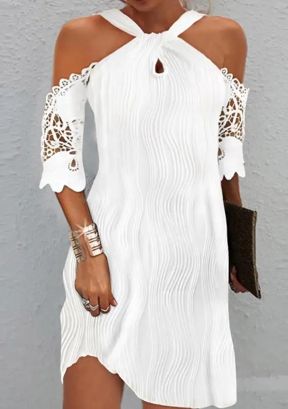 

New Fashion 2023 Summer Casual A Line Short Sleeve Mini Cutout Daily Medium Stretch Contrast Lace Cold Shoulder Textured Dress