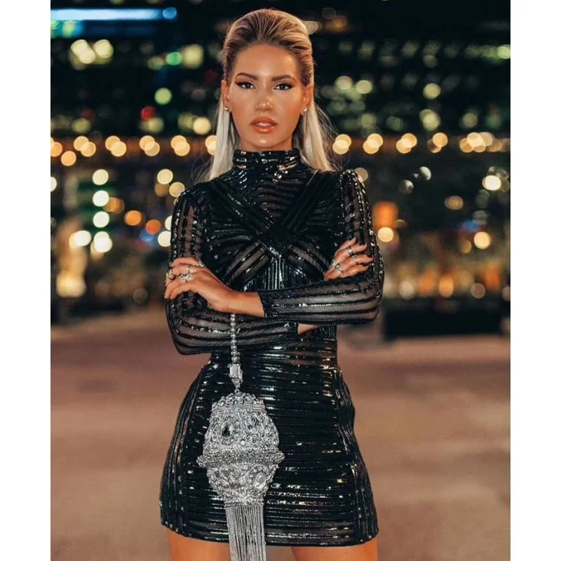 

Black Glossy European and American Street Shot Sexy Tight Sheath Dress Birthday Banquet Dress