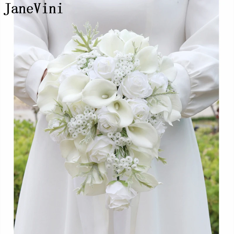 

JaneVini Artificial White Calla Lily Wedding Bouquet Waterfall Style Silk Roses Florist Cascading Bridal Bouquet Bruids Boeket