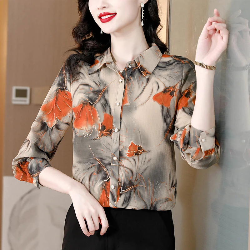 

Блузка женская с французским принтом, шелковая атласная элегантная свободная офисная рубашка с рукавами-фонариками, пуловер, топ на весну-осень