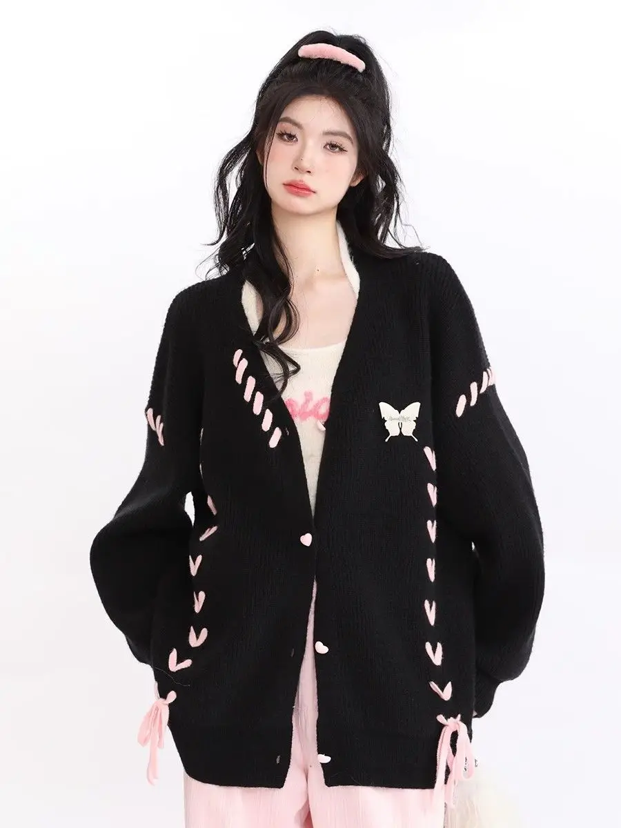 

Женская одежда на осень и зиму STSVZORR, новинка 2023, милый кардиган на пуговицах с завязками-бабочками в ленивом стиле, свитер, топы
